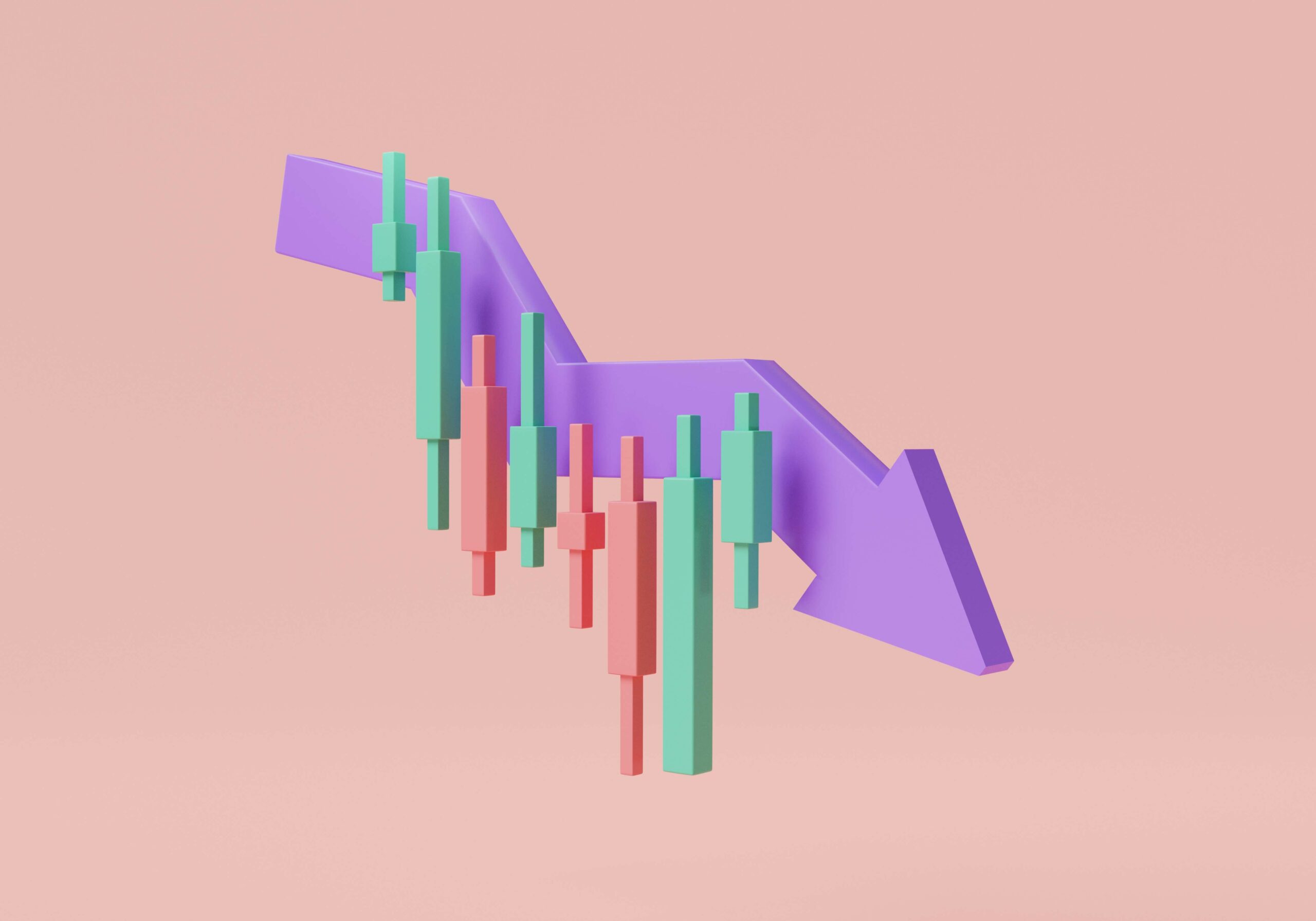 red green candlestick chart with purple arrow downtrend financial crisis downgrade price fall drop cryptocurrency online trading concept trading cryptocurrency 3d icon render illustration copia scaled