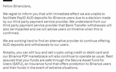 Binance says its suspending AUD fiat services – looking for alternatives