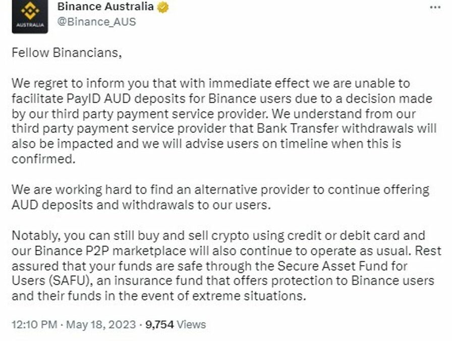 Binance says its suspending AUD fiat services - looking for alternatives