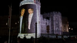 Trump Jeffrey Epstein images projected on Windsor Castle